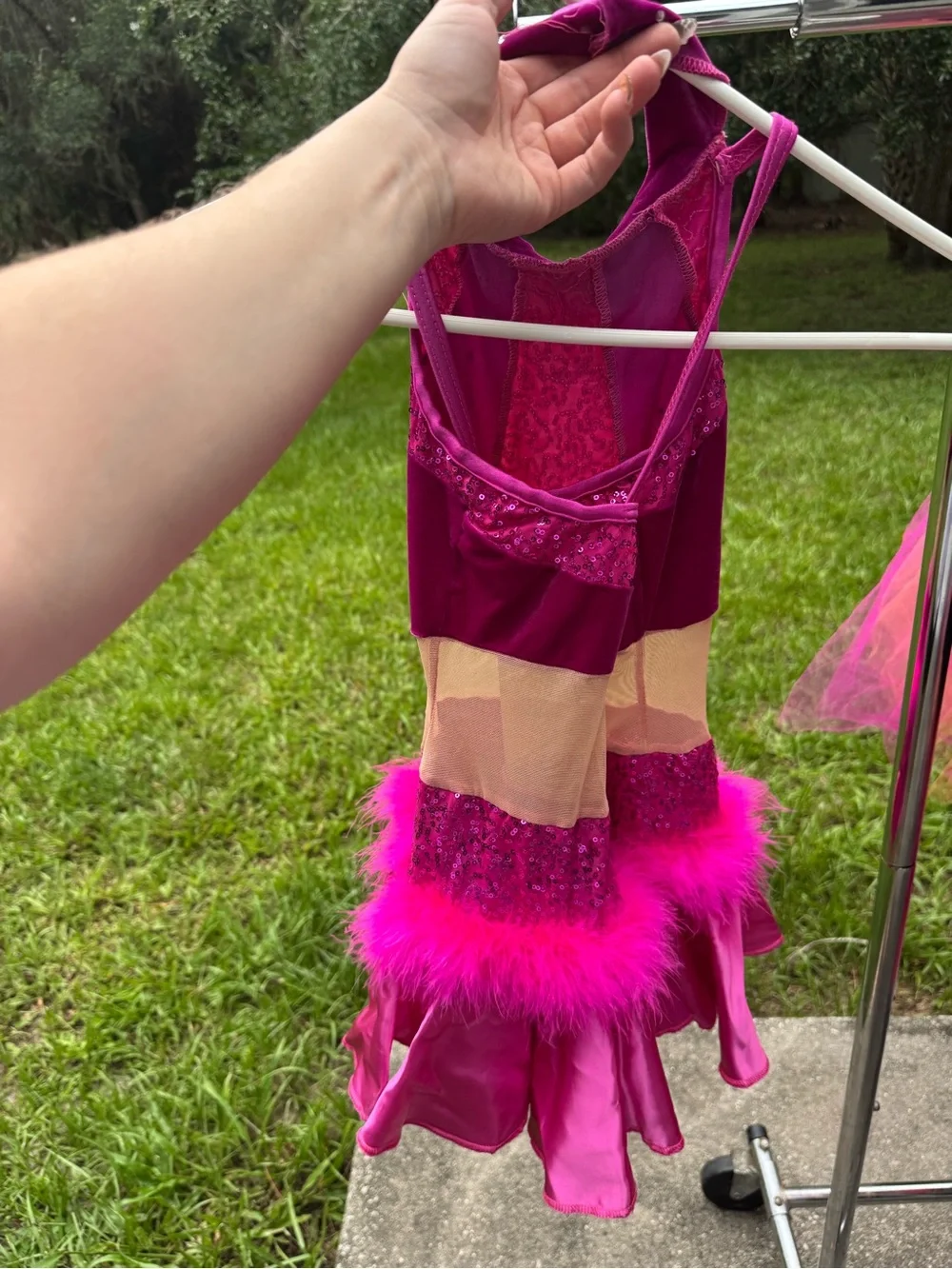Girls' Hot Pink Sequin Dance Costume with Feather Trim